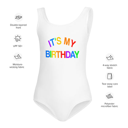 It's My Birthday Girls Swimsuit, Kids Bathing Suit Toddler Personalized Custom One Piece Rainbow Little Baby Party Swim Suit Swimwear