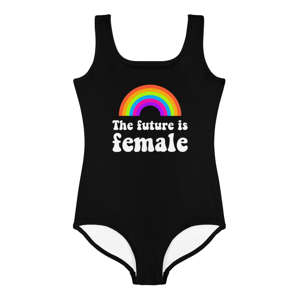 The Future is Female Girls black One piece bathing suit (2T-7), Rainbow Colorful Print Kids Toddler Cute Swimsuit Swimming Swim Swimwear Starcove Fashion