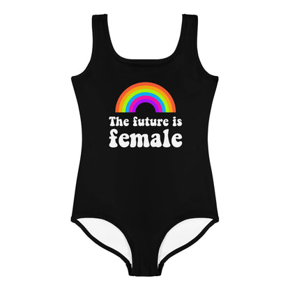 The Future is Female Girls black One piece bathing suit (2T-7), Rainbow Colorful Print Kids Toddler Cute Swimsuit Swimming Swim Swimwear Starcove Fashion