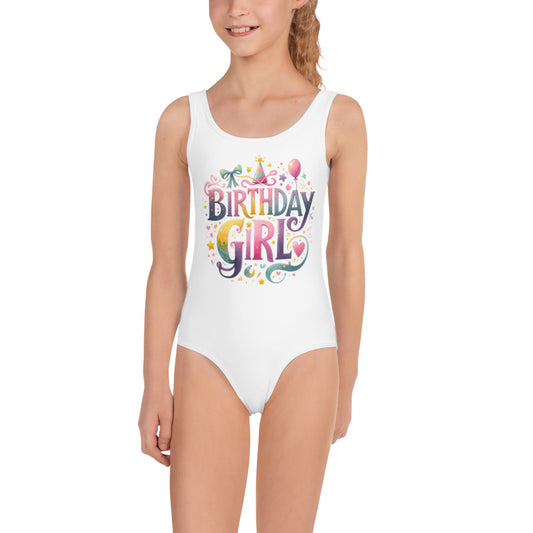 Birthday Girl Kids Girls Swimsuits (2T - 7), Rainbow Watercolor Party Festive Little Toddler One Piece Bathing Suit Swimming Swim