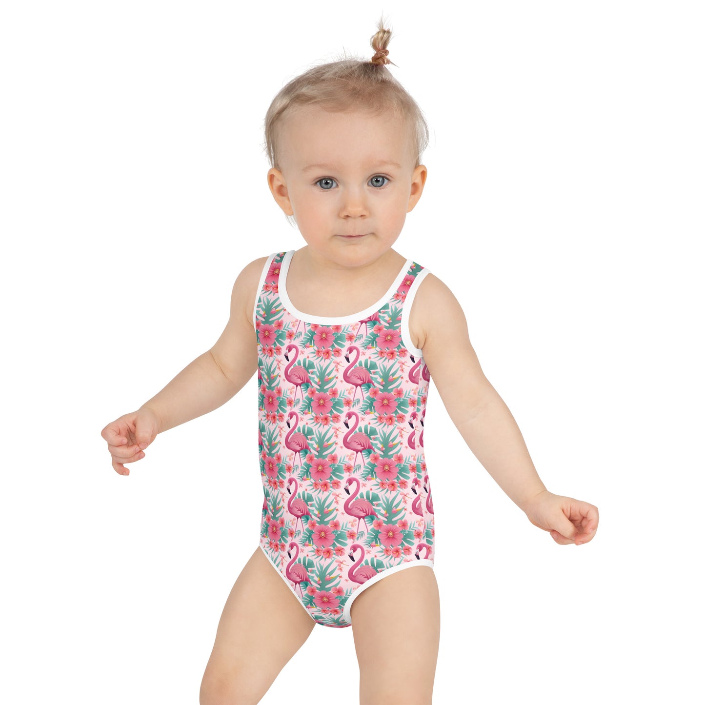 Pink Flamingo Little Girl Kids Swimsuits (2T - 7), Floral Flowers Toddler One Piece Bathing Suit Swimming Swim Children Swimwear