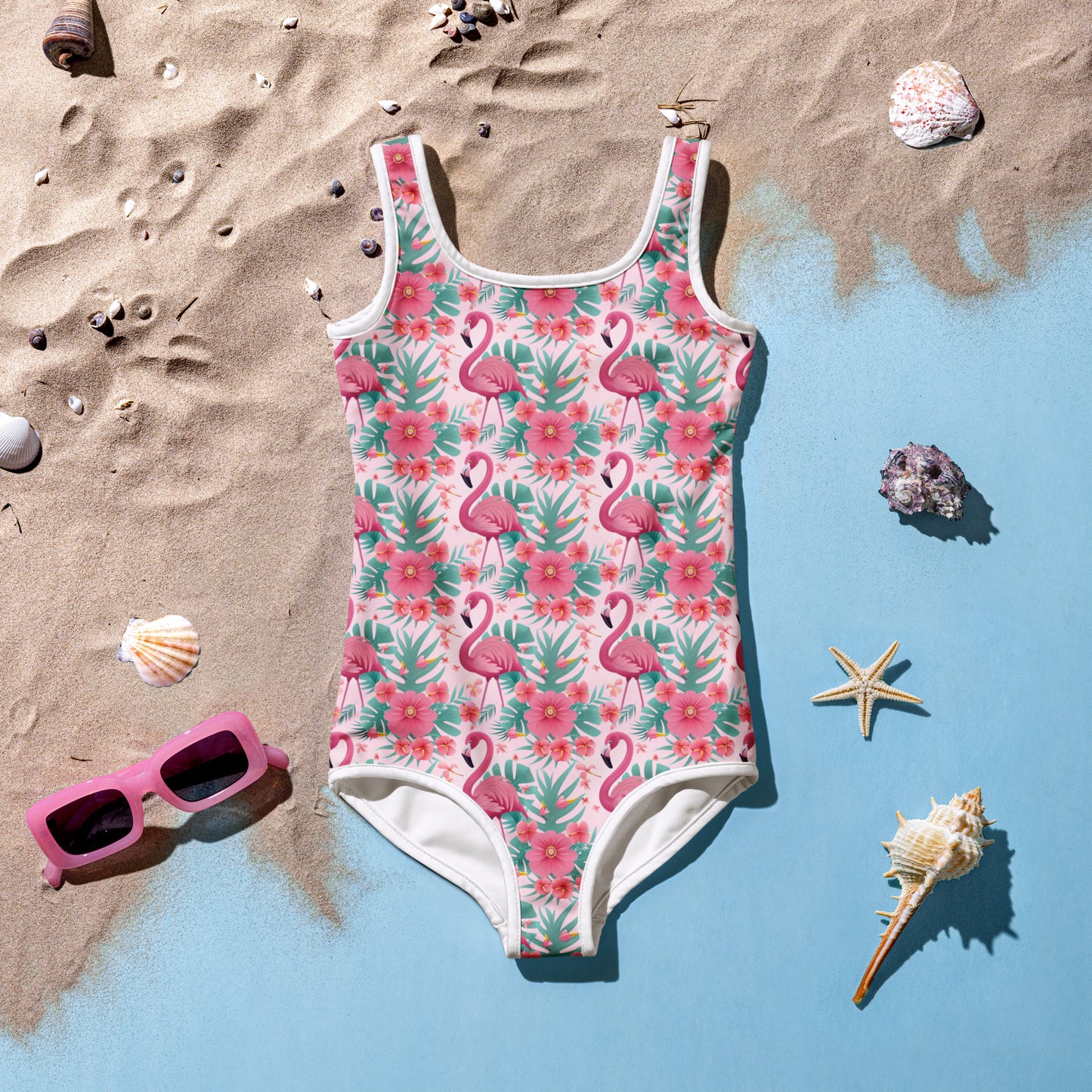 Pink Flamingo Little Girl Kids Swimsuits (2T - 7), Floral Flowers Toddler One Piece Bathing Suit Swimming Swim Children Swimwear