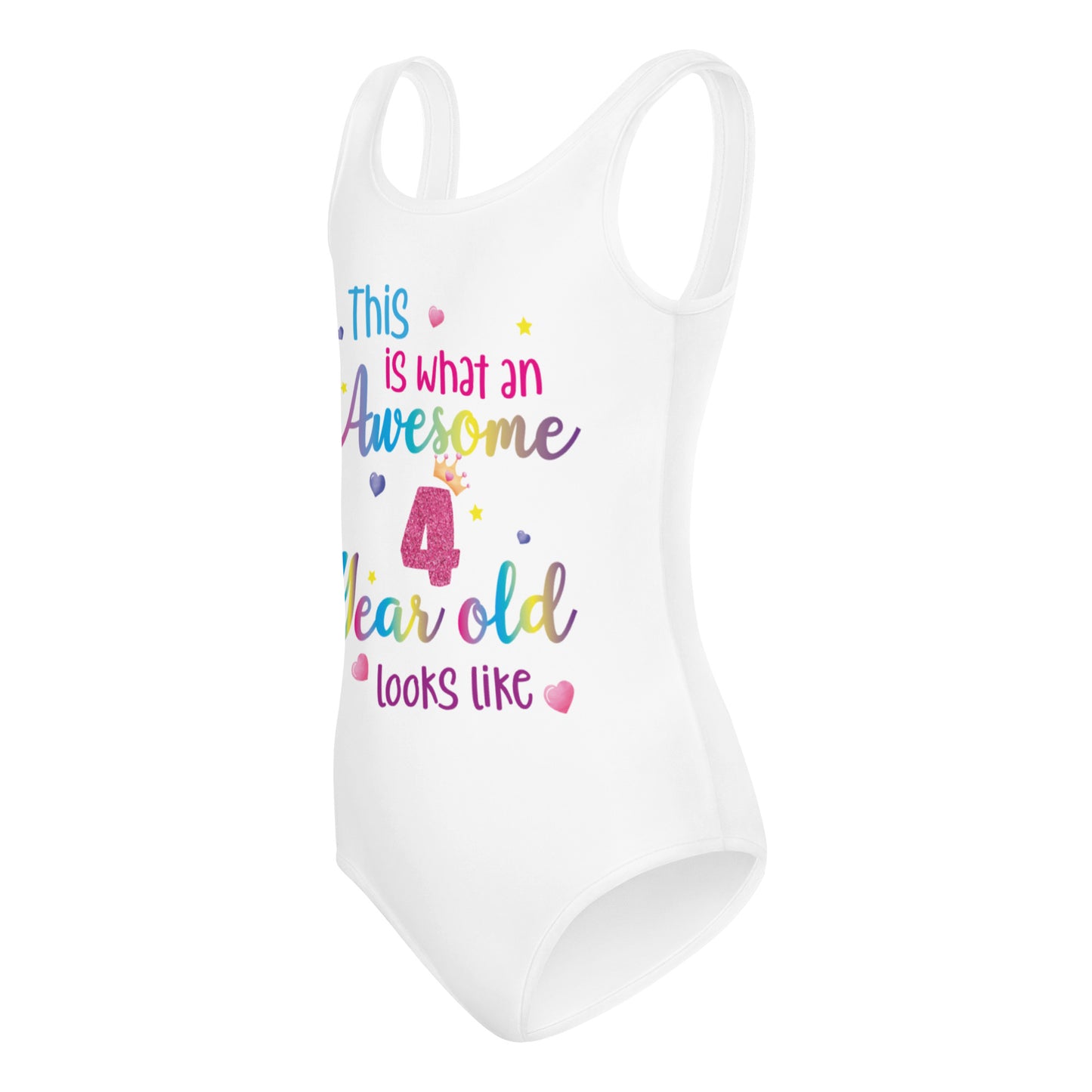 Awesome 4 Year Old Looks Like Little Girls Swimsuit, Custom Birthday 4th Fourth Year Fun Rainbow Party Gift Kids One Piece Bathing Suit Swimming