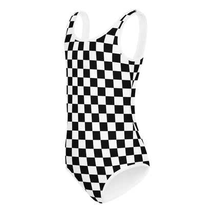 Checkered Kids Girls Swimsuits (2T - 7), Toddler Bathing Suit, Black and White Checkered Pattern Check Graphic One Piece Swimwear Starcove Fashion