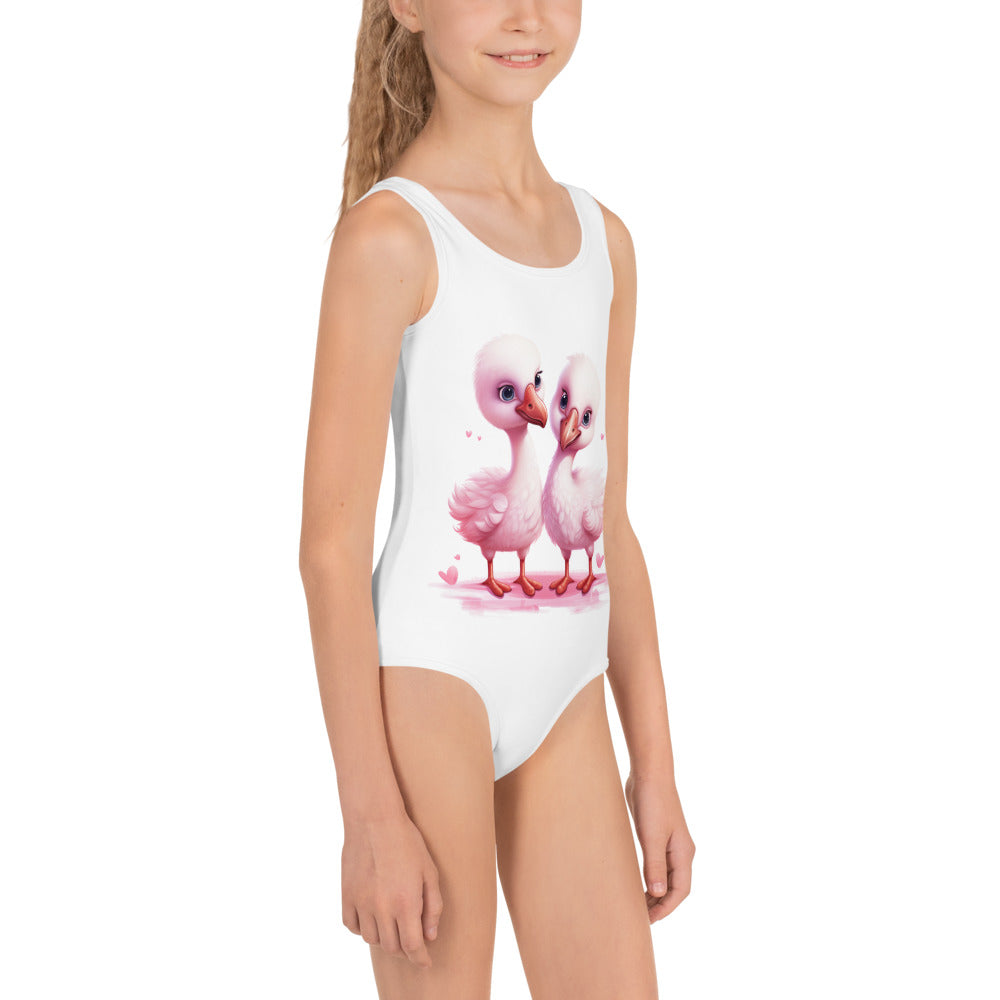 Pink Baby Flamingos Little Girl Kids Swimsuits (2T - 7), Cute White Toddler One Piece Bathing Suit Swimming Swim Children Swimwear