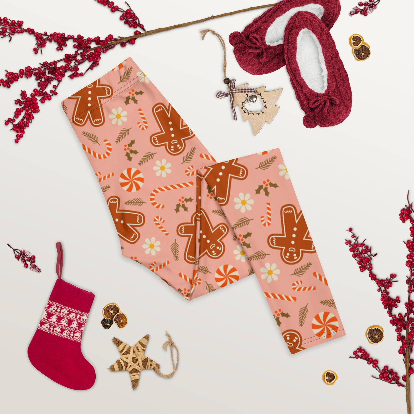 Gingerbread Man Leggings Women, Pink Candy Cane Christmas Xmas Holiday Graphic Printed Yoga Running Tights