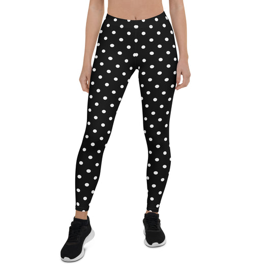 Black White Polka Dot Leggings, Christmas Leggings for Women Yoga Pants Printed Print Cute Graphic Workout Running Gym Fun Designer Starcove Fashion