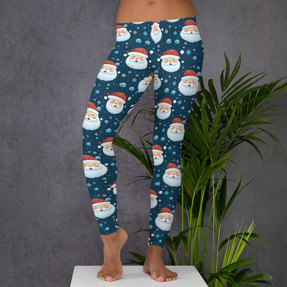 Santa Claus Leggings Women Ladies, Blue Snowflakes Christmas Xmas Holidays Printed Yoga Pants Cute Graphic Workout Running Fun Tights Starcove Fashion