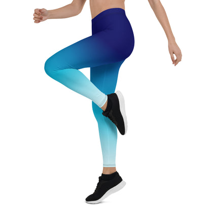 Blue Ombre Leggings Women Ladies, Royal to Ocean Blue Tie Dye Printed Yoga Pants Cute Graphic Workout Running Gym Fun Designer Tights