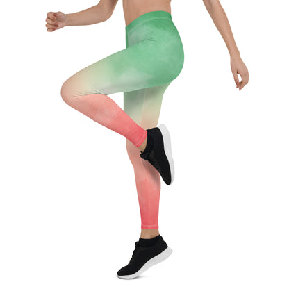 Red Green Ombre Leggings Women Ladies, Watercolor Gradient Tie Dye Christmas Xmas Printed Yoga Pants Cute Workout Gym Tights