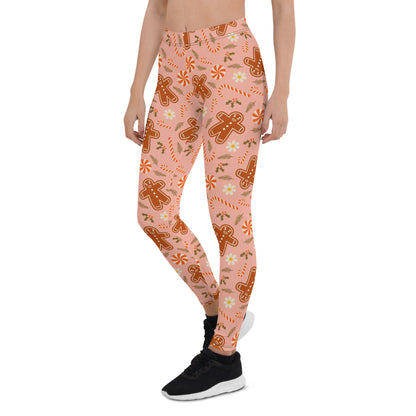 Gingerbread Man Leggings Women, Pink Candy Cane Christmas Xmas Holiday Graphic Printed Yoga Running Tights