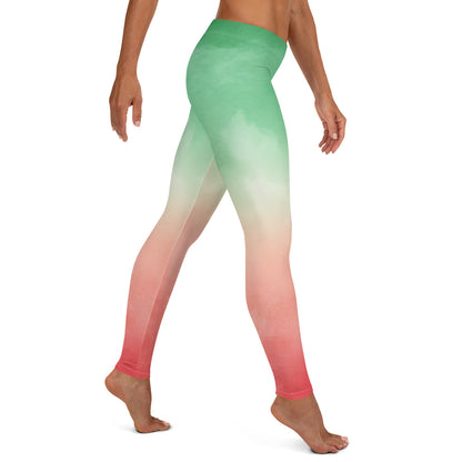 Red Green Ombre Leggings Women Ladies, Watercolor Gradient Tie Dye Christmas Xmas Printed Yoga Pants Cute Workout Gym Tights