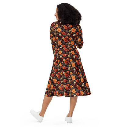 Fall Autumn Long Sleeve Midi Dress with Pockets, Leaves Flowers Brown Women Casual Cute Designer Flare Elegant Plus Size Dress Starcove Fashion