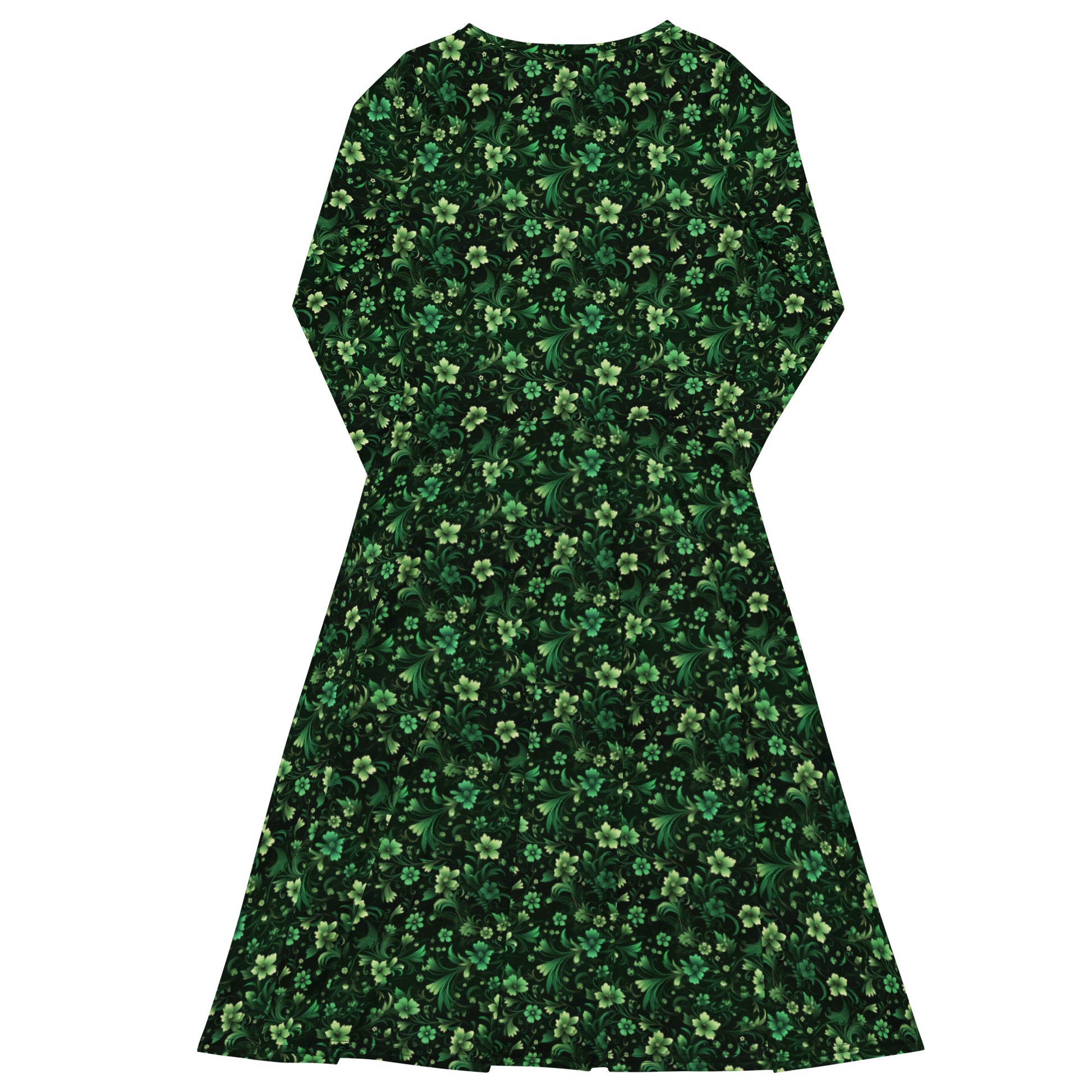 Emerald Green Long Sleeve Midi Dress with Pockets, Floral Flowers Wome Starcove Fashion Emerald Green Long Sleeve Midi Dress with Pockets, Floral Flowers Wome Starcove Fashion