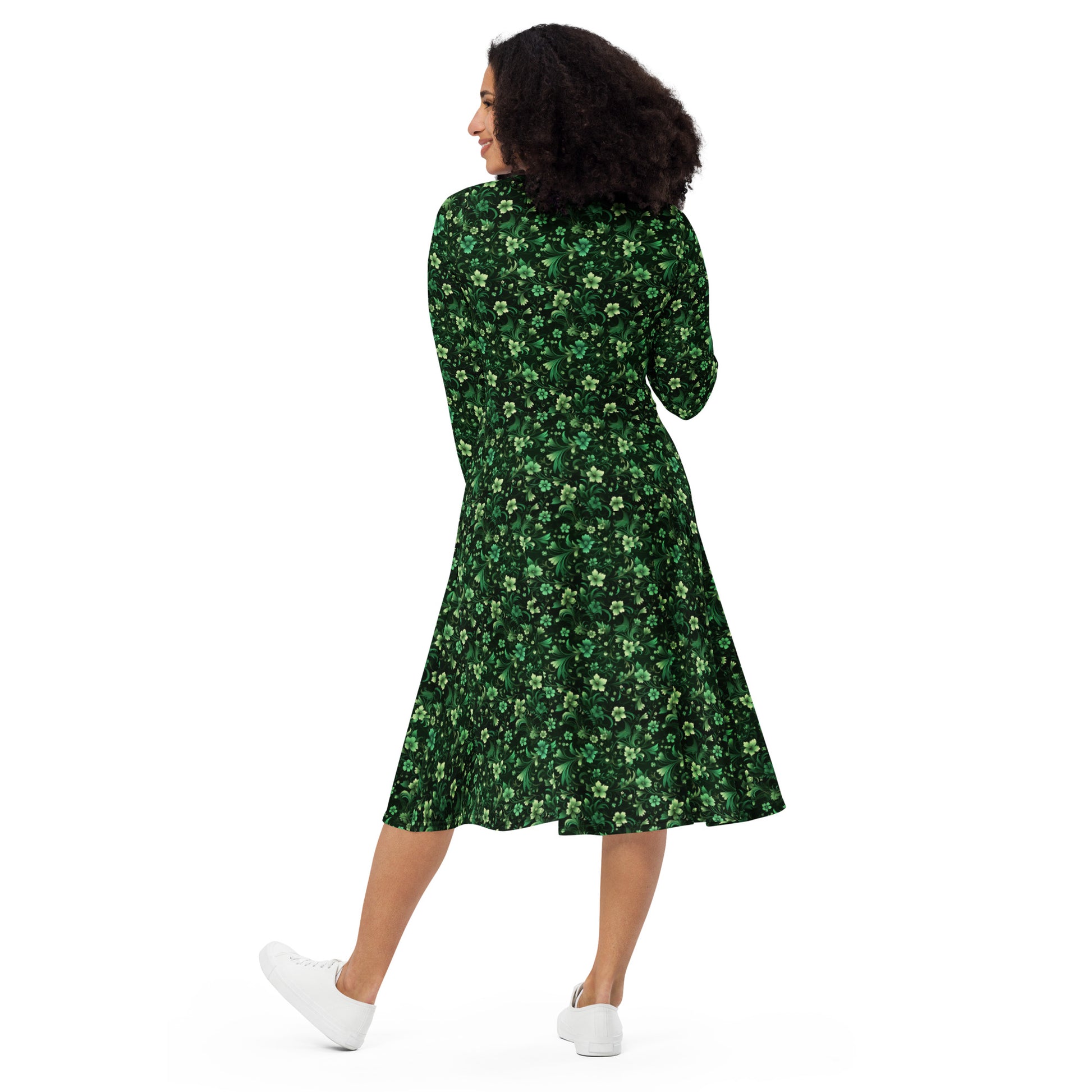 Emerald Green Long Sleeve Midi Dress with Pockets, Floral Flowers Wome Starcove Fashion Emerald Green Long Sleeve Midi Dress with Pockets, Floral Flowers Wome Starcove Fashion