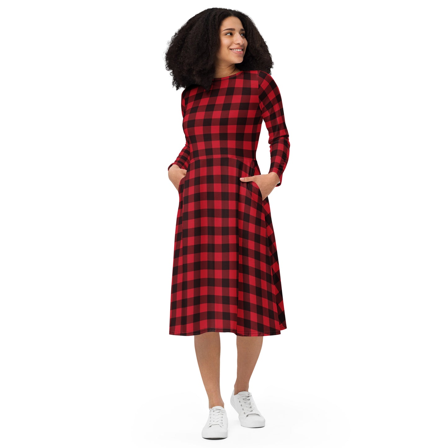 Red Buffalo Plaid Long Sleeve Midi Dress with Pockets, Black Check Women Casual Cute Designer Flare Elegant Plus Size Dress Starcove Fashion