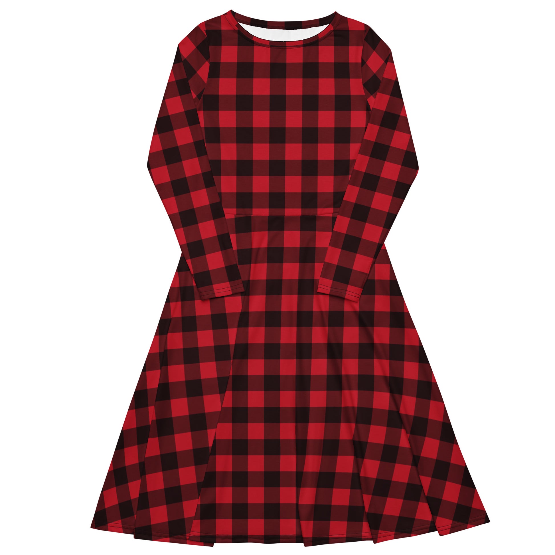 Red Buffalo Plaid Long Sleeve Midi Dress with Pockets, Black Check Women Casual Cute Designer Flare Elegant Plus Size Dress 2XL Red Buffalo Plaid Long Sleeve Midi Dress with Pockets, Black Check Women Casual Cute Designer Flare Elegant Plus Size Dress 2XL