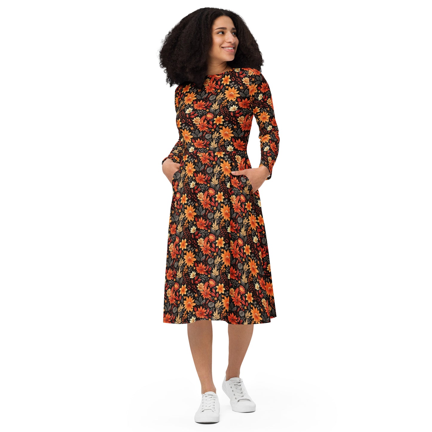 Fall Autumn Long Sleeve Midi Dress with Pockets, Leaves Flowers Brown Women Casual Cute Designer Flare Elegant Plus Size Dress Starcove Fashion