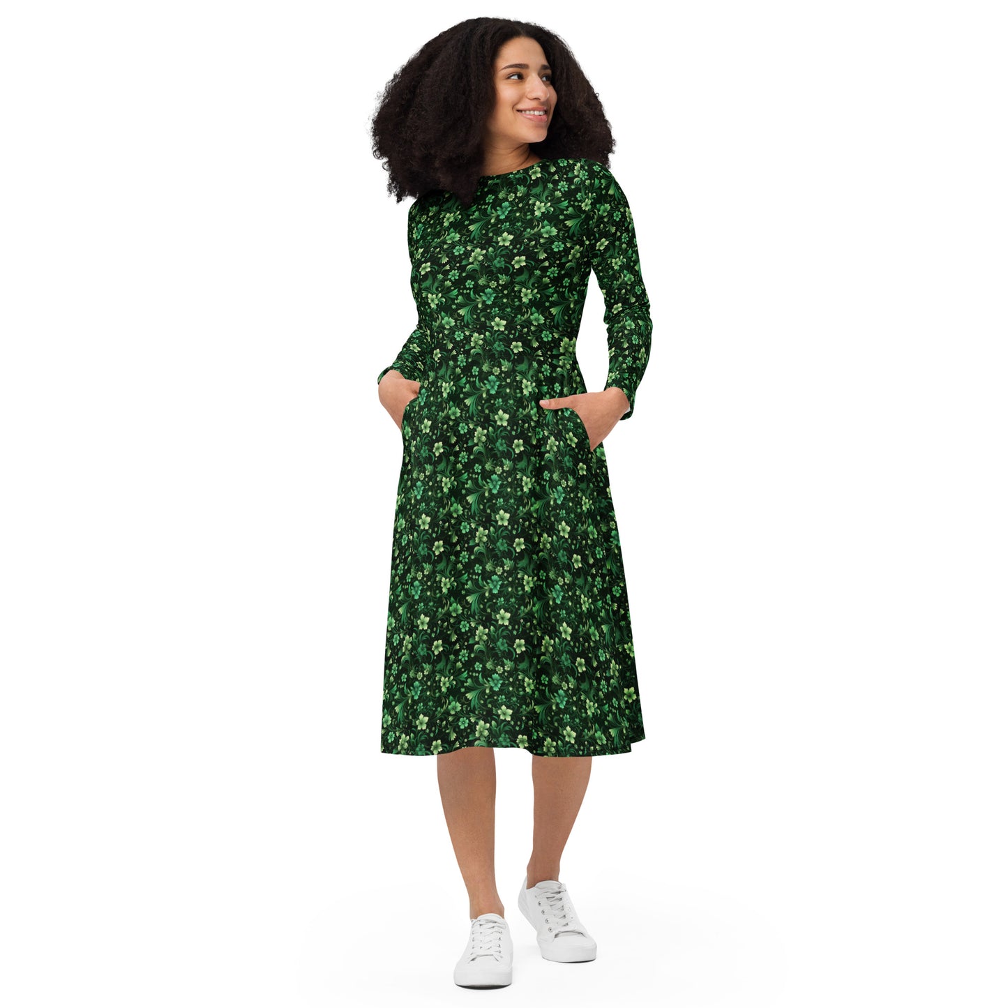 Emerald Green Long Sleeve Midi Dress with Pockets, Floral Flowers Wome Starcove Fashion Emerald Green Long Sleeve Midi Dress with Pockets, Floral Flowers Wome Starcove Fashion