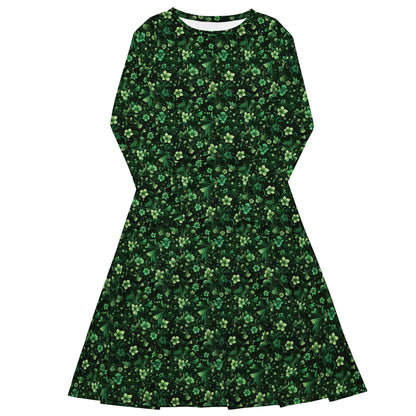 Emerald Green Long Sleeve Midi Dress with Pockets, Floral Flowers Women Casual Cute Designer Flare Elegant Plus Size Dress