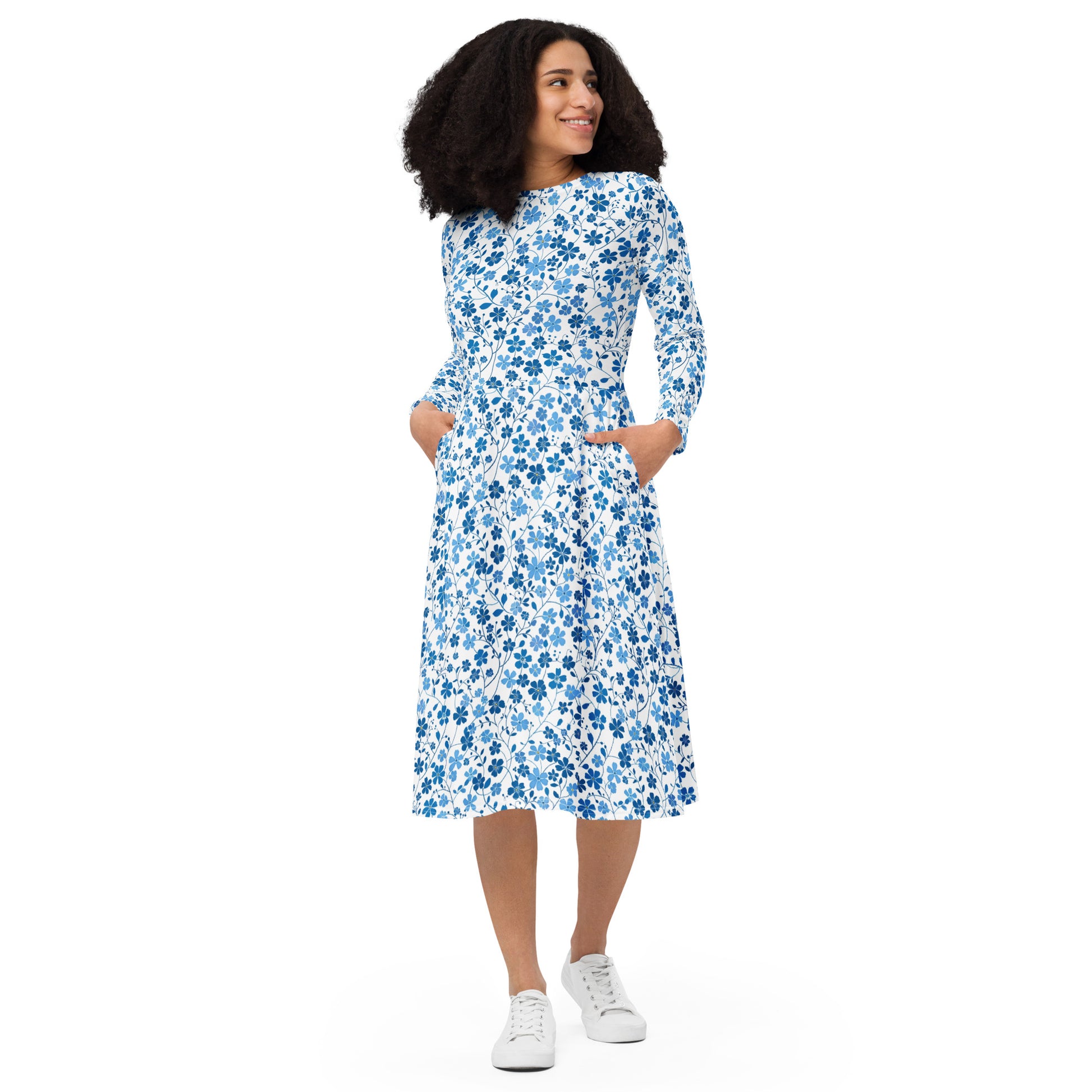 Blue Ditsy Floral Long Sleeve Midi Dress with Pockets, White Flower Women Casual Cute Designer Flare Elegant Evening Plus Size Cocktail M Blue Ditsy Floral Long Sleeve Midi Dress with Pockets, White Flower Women Casual Cute Designer Flare Elegant Evening Plus Size Cocktail M