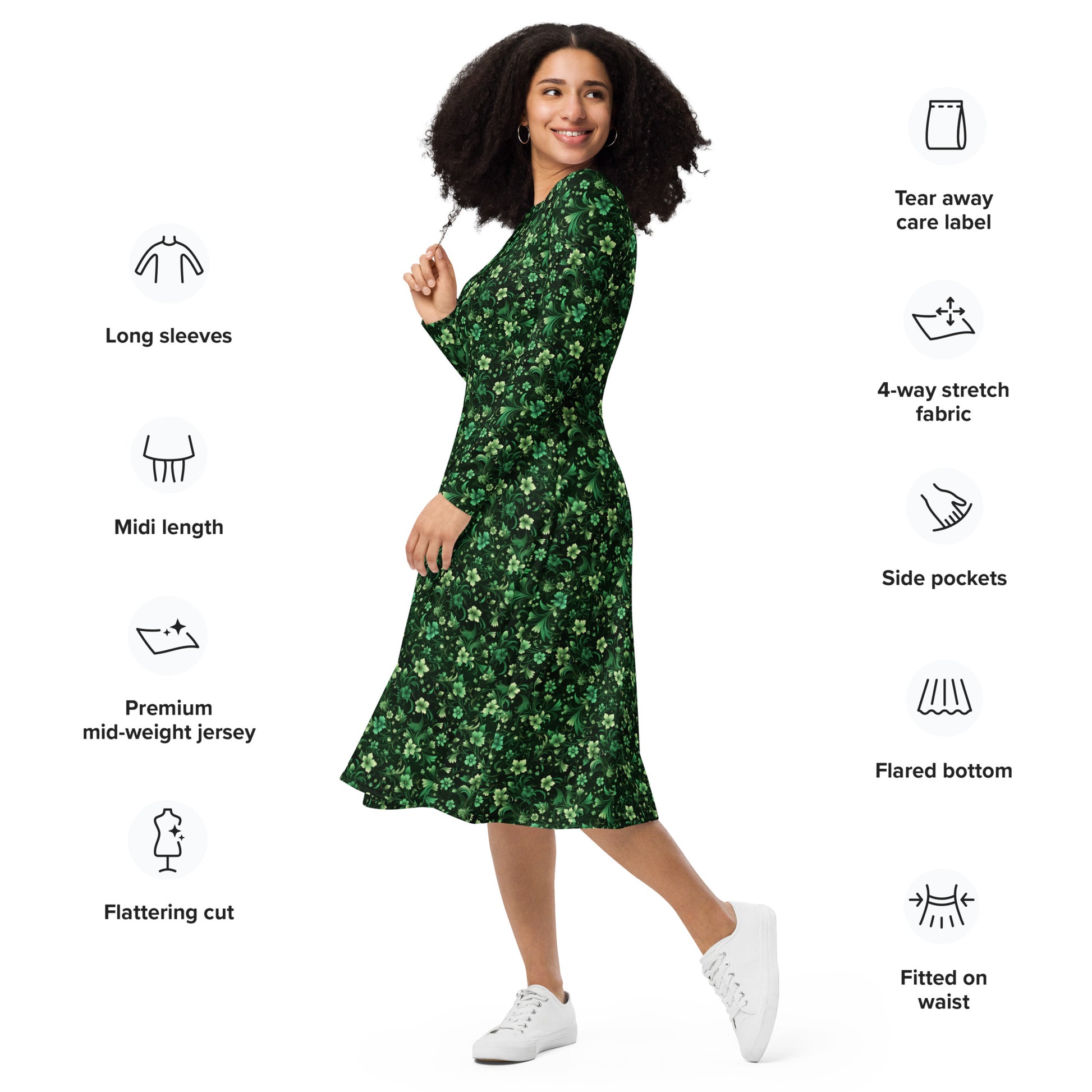 Emerald Green Long Sleeve Midi Dress with Pockets, Floral Flowers Women Casual Cute Designer Flare Elegant Plus Size Dress M Emerald Green Long Sleeve Midi Dress with Pockets, Floral Flowers Women Casual Cute Designer Flare Elegant Plus Size Dress M