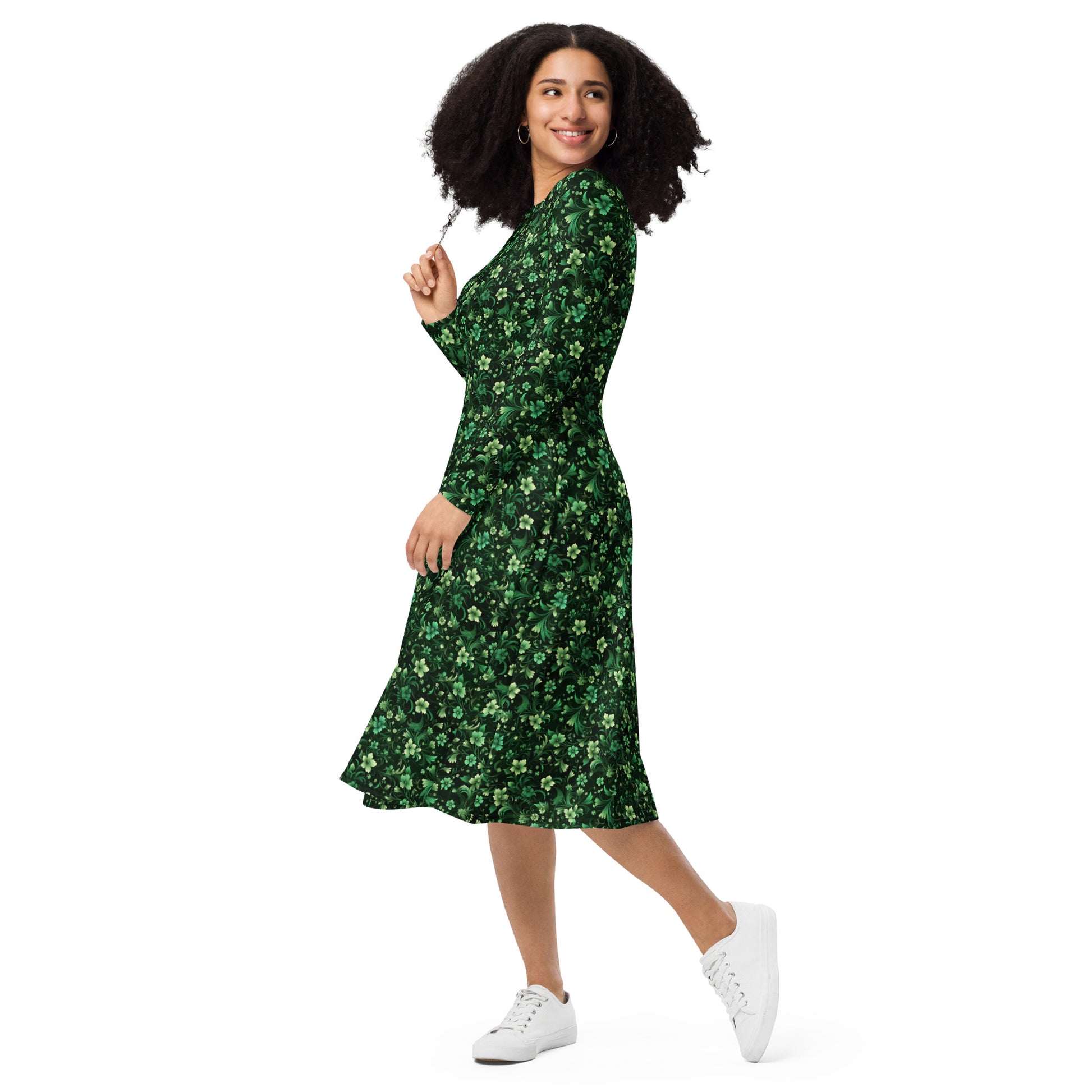 Emerald Green Long Sleeve Midi Dress with Pockets, Floral Flowers Women Casual Cute Designer Flare Elegant Plus Size Dress M Emerald Green Long Sleeve Midi Dress with Pockets, Floral Flowers Women Casual Cute Designer Flare Elegant Plus Size Dress M