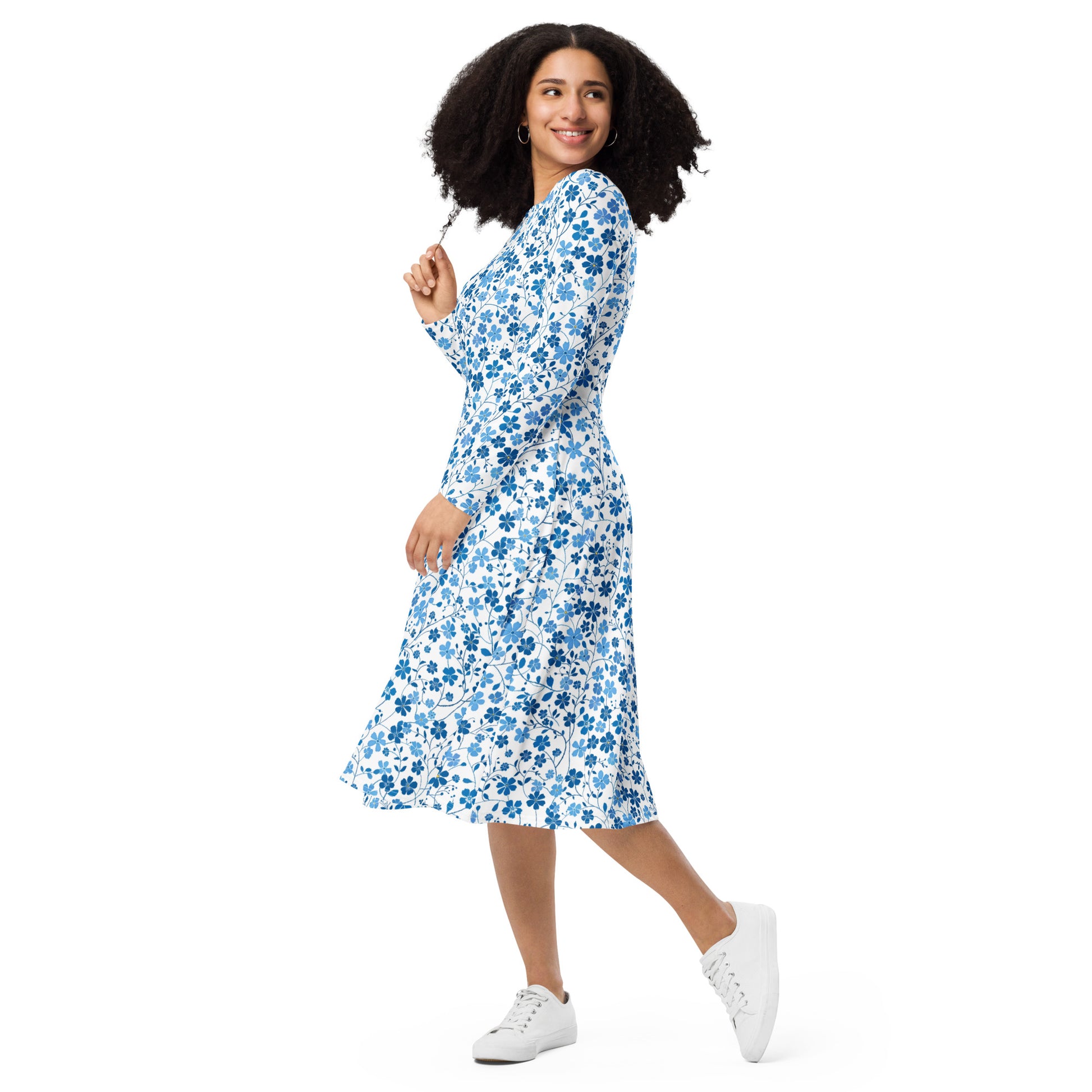 Blue Ditsy Floral Long Sleeve Midi Dress with Pockets, White Flower Wo Starcove Fashion Blue Ditsy Floral Long Sleeve Midi Dress with Pockets, White Flower Wo Starcove Fashion
