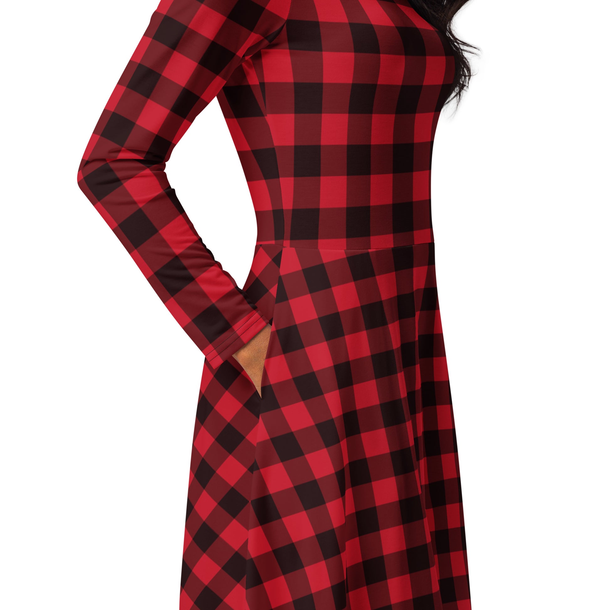 Red Buffalo Plaid Long Sleeve Midi Dress with Pockets, Black Check Women Casual Cute Designer Flare Elegant Plus Size Dress 2XL Red Buffalo Plaid Long Sleeve Midi Dress with Pockets, Black Check Women Casual Cute Designer Flare Elegant Plus Size Dress 2XL