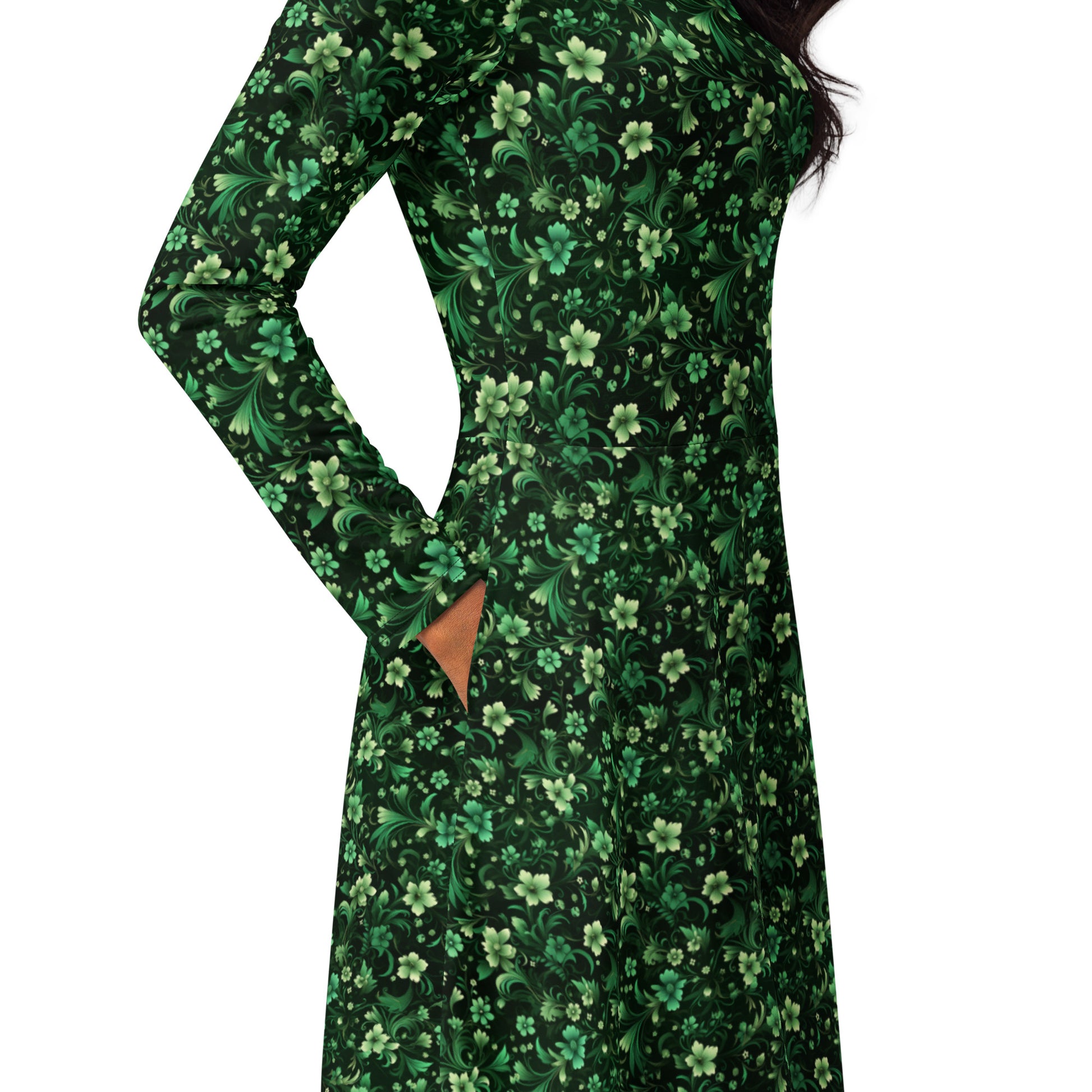 Emerald Green Long Sleeve Midi Dress with Pockets, Floral Flowers Wome Starcove Fashion Emerald Green Long Sleeve Midi Dress with Pockets, Floral Flowers Wome Starcove Fashion