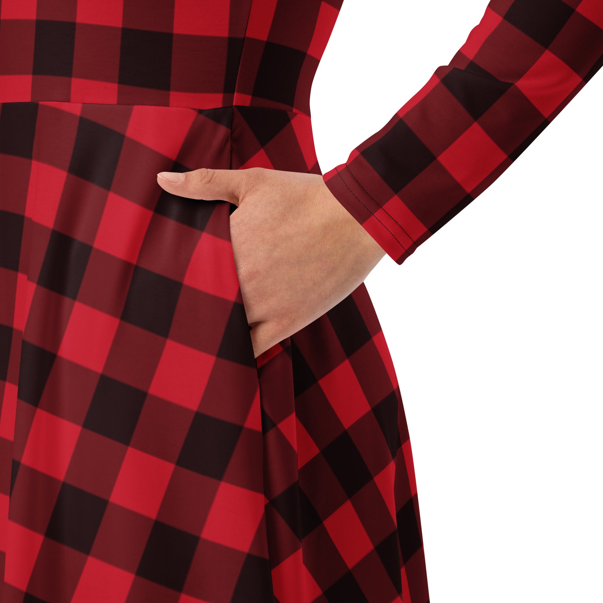 Red Buffalo Plaid Long Sleeve Midi Dress with Pockets, Black Check Women Casual Cute Designer Flare Elegant Plus Size Dress L Red Buffalo Plaid Long Sleeve Midi Dress with Pockets, Black Check Women Casual Cute Designer Flare Elegant Plus Size Dress L
