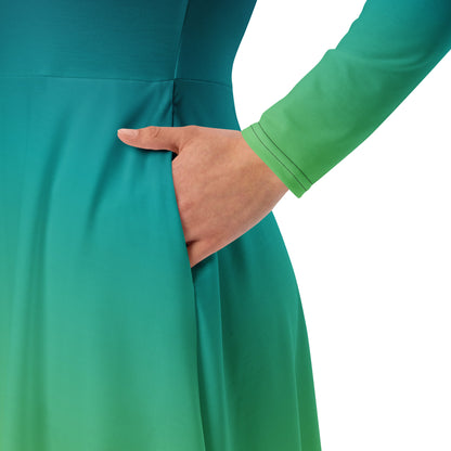 Blue Green Ombre Long Sleeve Midi Dress with Pockets, Tie Dye Gradient Women Casual Cute Designer Flare Elegant Plus Size Dress