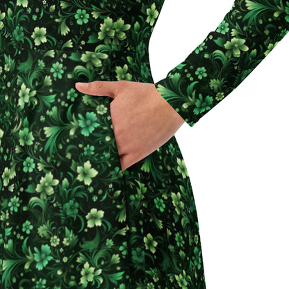 Emerald Green Long Sleeve Midi Dress with Pockets, Floral Flowers Women Casual Cute Designer Flare Elegant Plus Size Dress