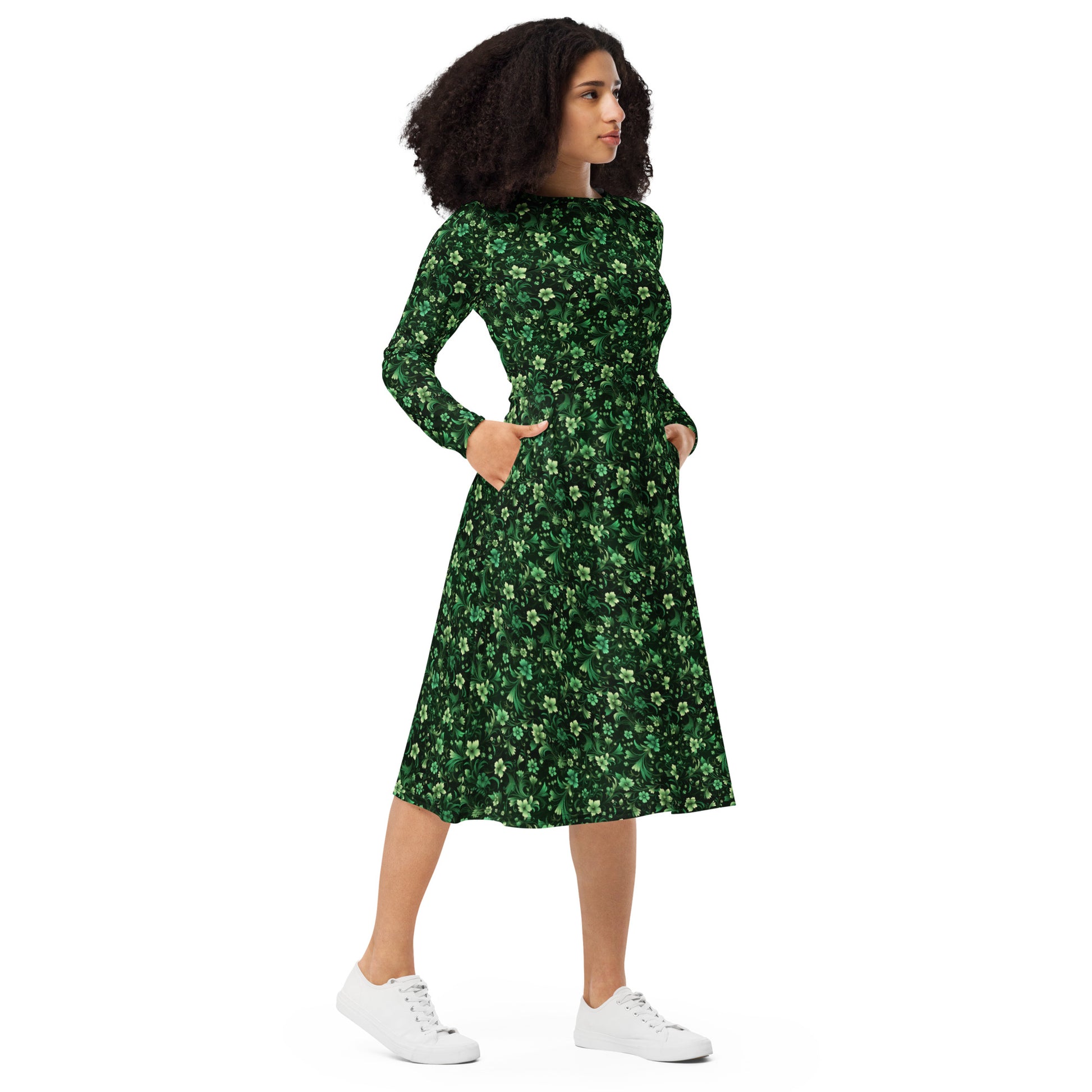 Emerald Green Long Sleeve Midi Dress with Pockets, Floral Flowers Women Casual Cute Designer Flare Elegant Plus Size Dress M Emerald Green Long Sleeve Midi Dress with Pockets, Floral Flowers Women Casual Cute Designer Flare Elegant Plus Size Dress M