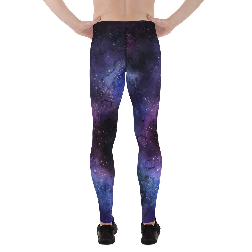 Galaxy Space Men Leggings, Universe Purple Stars Printed Guys Yoga