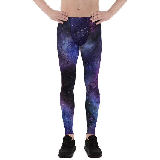 Galaxy Space Men Leggings, Universe Purple Stars Printed Guys Yoga Running Sports Workout Festival Fitness Pants Tights Starcove Fashion