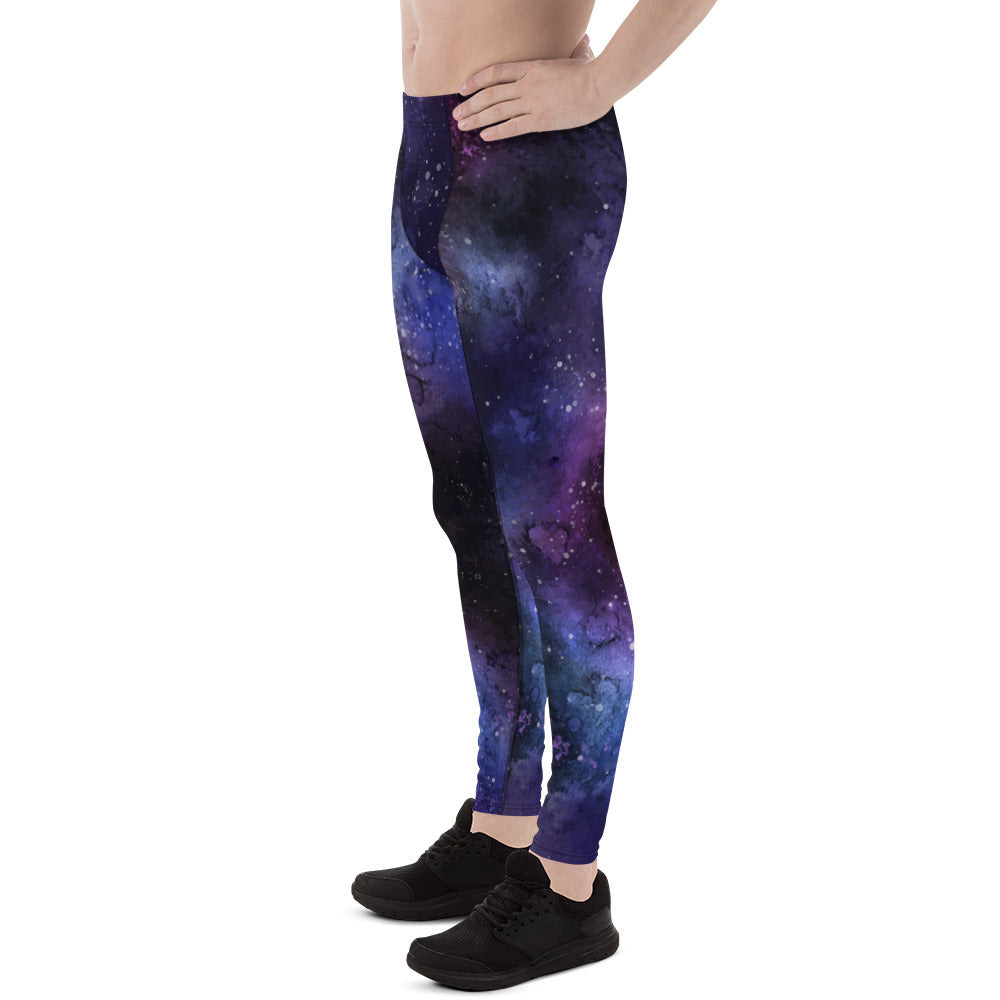 Galaxy Space Men Leggings, Universe Purple Stars Printed Guys Yoga Running Sports Workout Festival Fitness Pants Tights Starcove Fashion