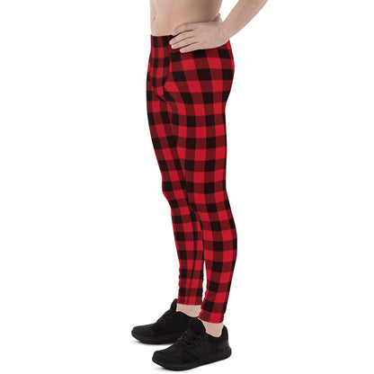 Red Black Buffalo Plaid Men's Leggings, Check Lumberjack Christmas Xmas Male Printed Yoga Sports Running Pants Tights Starcove Fashion