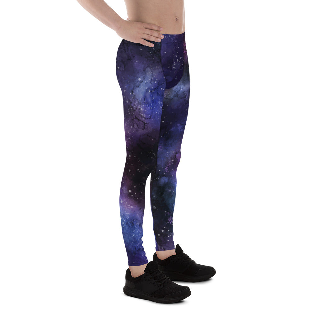 Galaxy Space Men Leggings, Universe Purple Stars Printed Guys Yoga