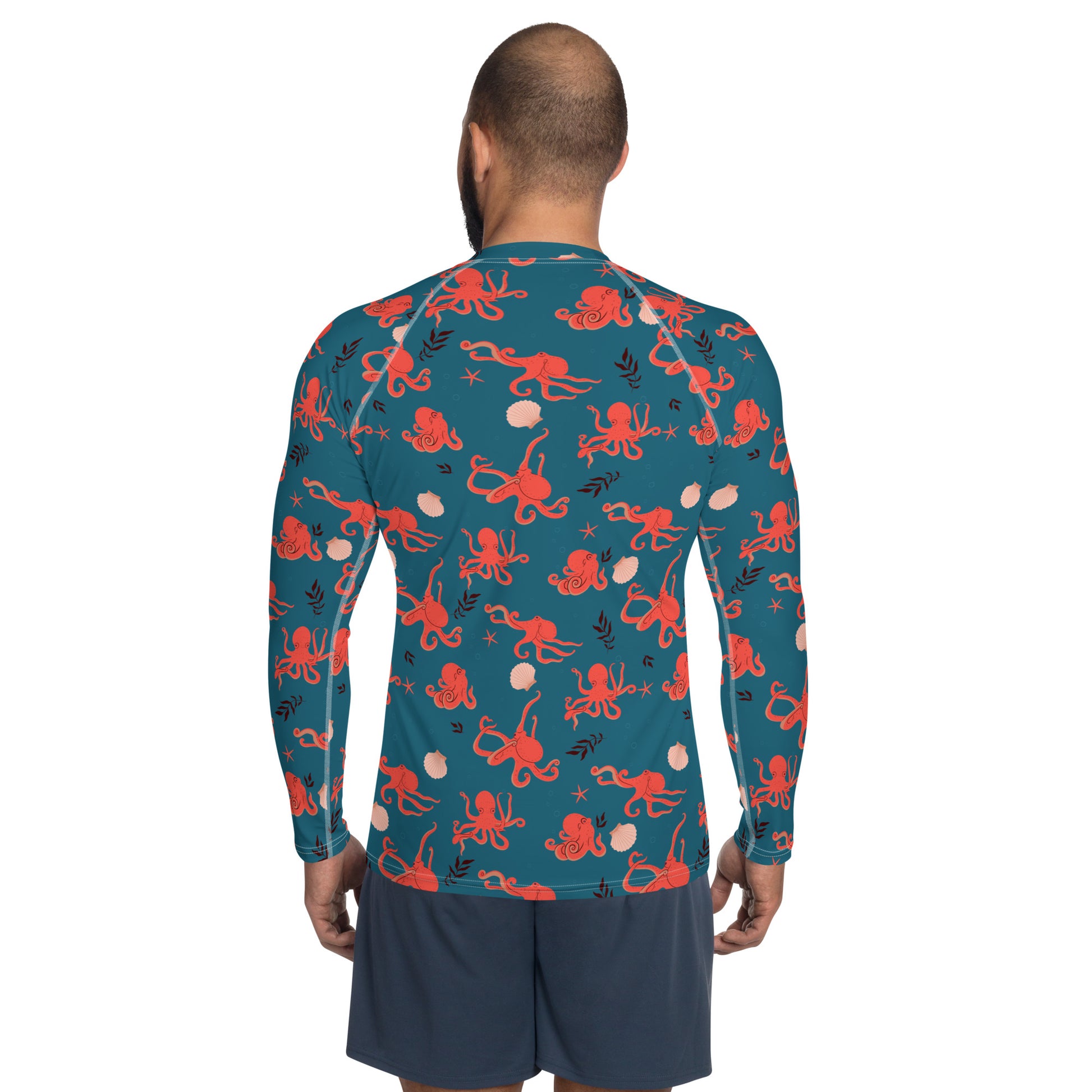 Octopus Men Rash Guard, Ocean Sea Print Surf Long Sleeve Swim Shirt Swimwear Sun Protection Beach Designer Wet Suit UPF 50 Cover Starcove Fashion