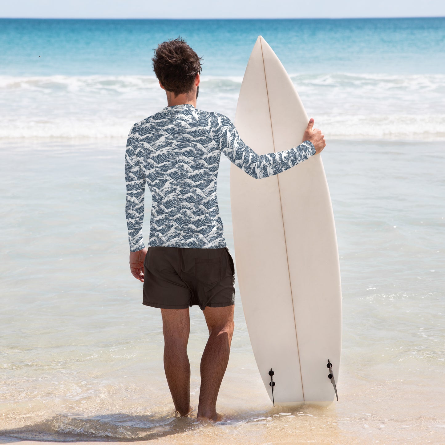 Ocean Waves Men Rash Guard, Japanese Print Male Surf Long Sleeve Swim Swimming Shirt Sun Protection Sunblock SPF Suit UPF 50 Cover