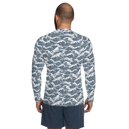 Ocean Waves Men Rash Guard, Japanese Print Male Surf Long Sleeve Swim Swimming Shirt Sun Protection Sunblock SPF Suit UPF 50 Cover