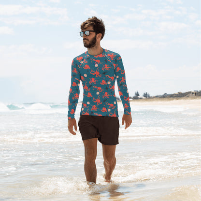 Octopus Men Rash Guard, Ocean Sea Print Surf Long Sleeve Swim Shirt Swimwear Sun Protection Beach Designer Wet Suit UPF 50 Cover Starcove Fashion