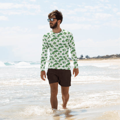 Palm Trees Men Rash Guard, White Green Male Print Surf Long Sleeve Swim Shirt Swimwear Sun Protection Suit UPF 50 Cover Swimming