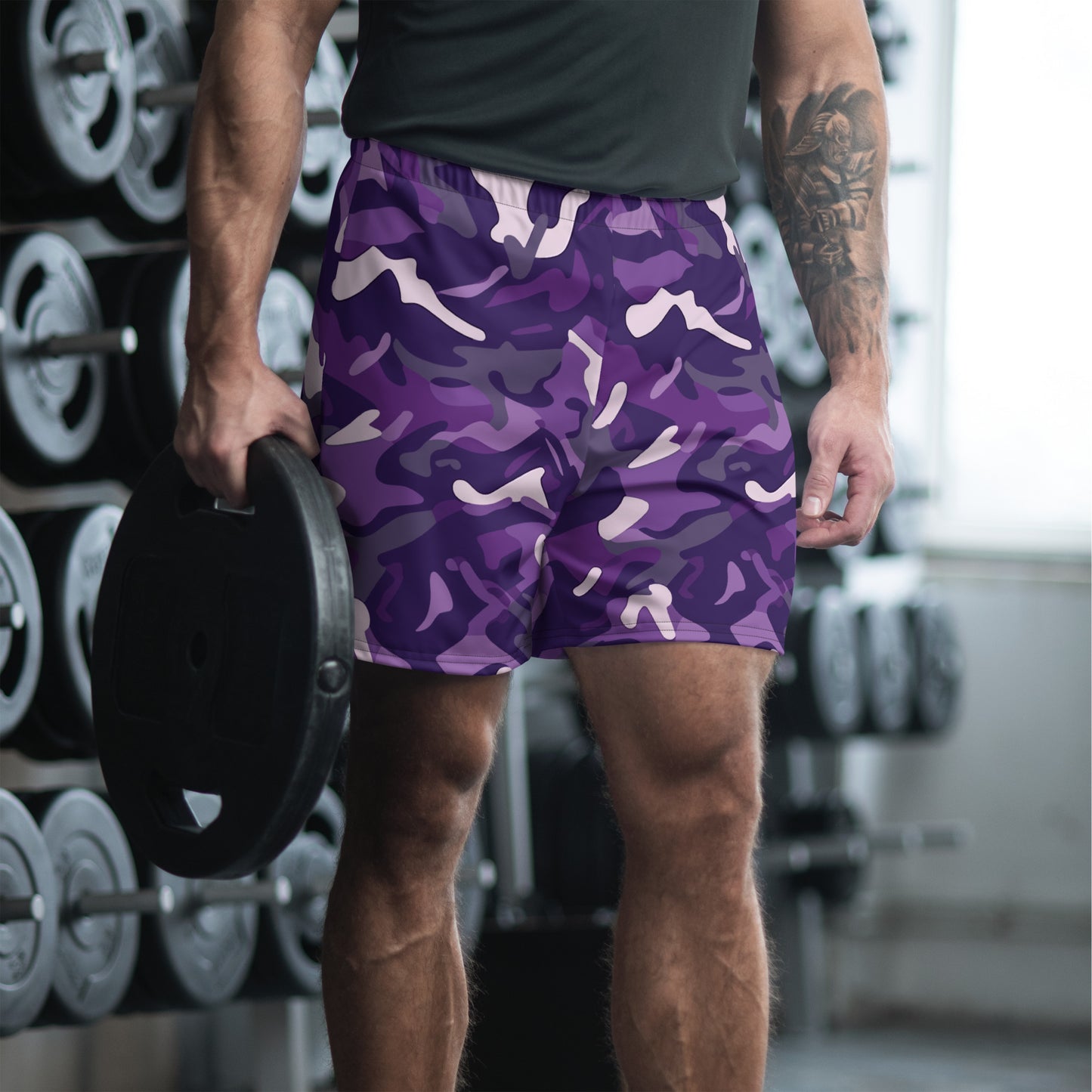 Camo Men Shorts, Purple Camouflage Gym Workout Eco Sports Swim Beach Pockets Running 6.5" Long Casual Summer Plus Size