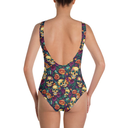 Gold Skulls Roses One Piece Swimsuit for Women, Floral Cute Designer Swim Swimming Bathing Suits Body Swimwear