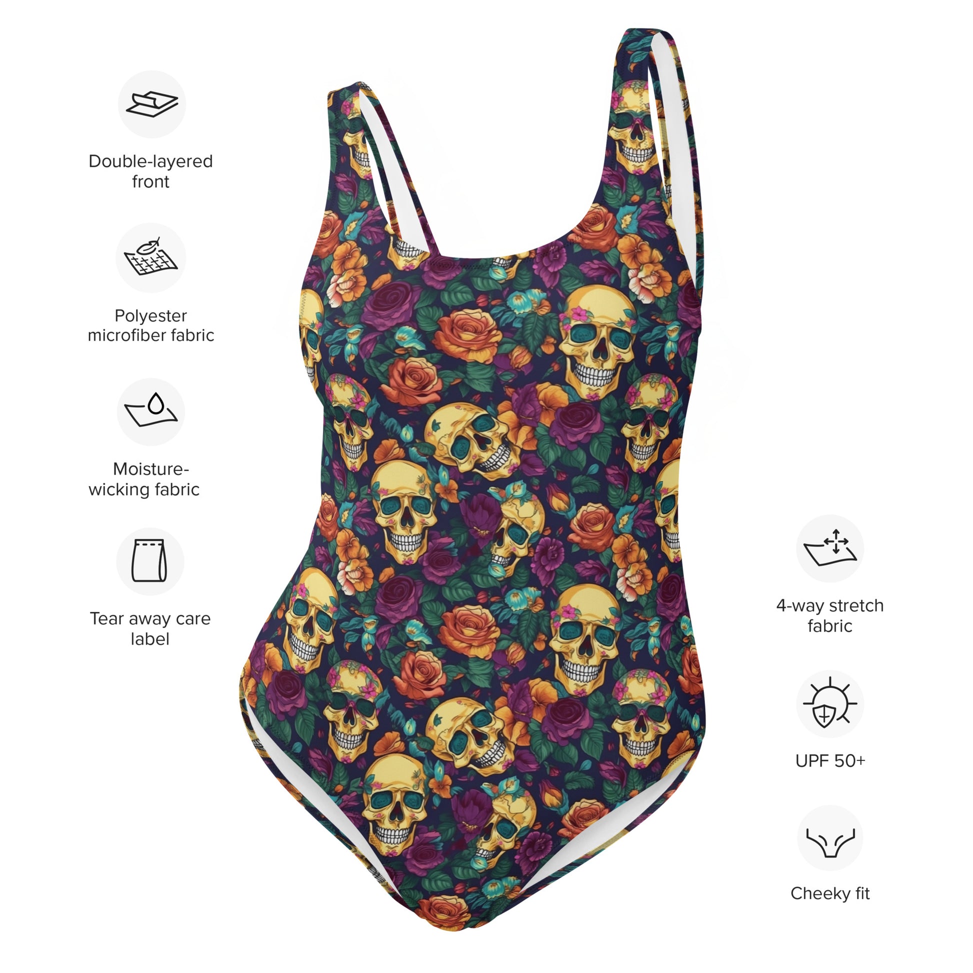 Gold Skulls Roses One Piece Swimsuit for Women, Floral Cute Designer Swim Swimming Bathing Suits Body Swimwear Starcove Fashion