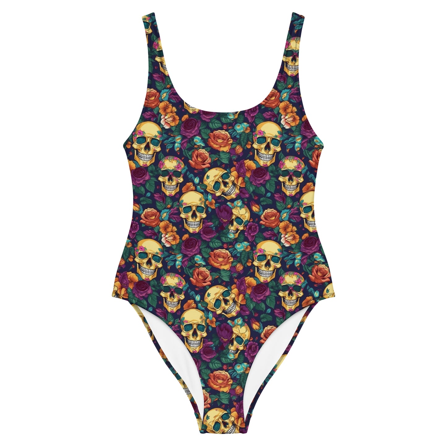 Gold Skulls Roses One Piece Swimsuit for Women, Floral Cute Designer Swim Swimming Bathing Suits Body Swimwear Starcove Fashion