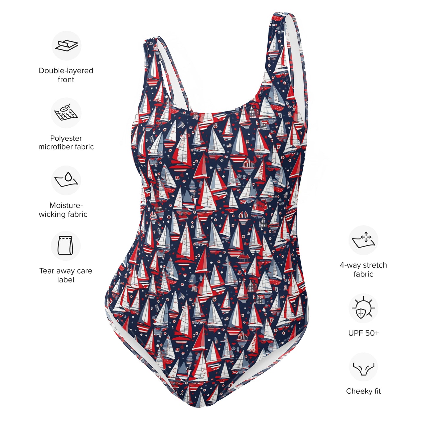 Red White Blue One Piece Swimsuit for Women, Sail Boats Patriotic American Cute Designer Swim Swimming Bathing Suits Swimwear Starcove Fashion