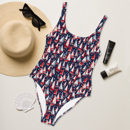 Red White Blue One Piece Swimsuit for Women, Sail Boats Patriotic American Cute Designer Swim Swimming Bathing Suits Swimwear Starcove Fashion